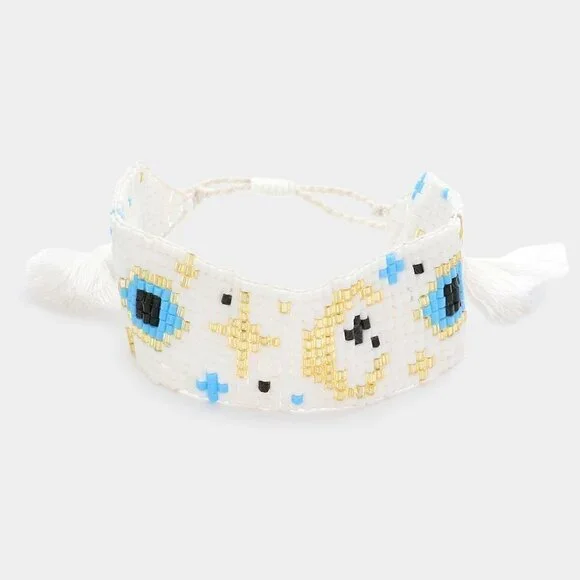 NWT Evil Eye Accented Beaded Tassel Pull Tie Cinch Bracelet