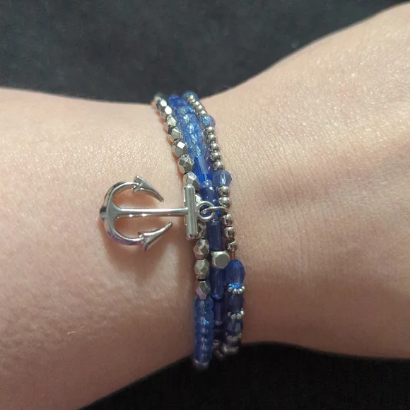 Silver Tone Blue Beaded Anchor Charm Stretchy Elastic Statement Bracelet Set