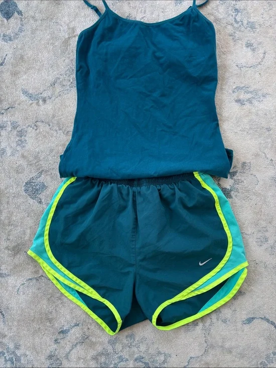 Nike Teal Tank and Running Shorts Set with Neon Trim
