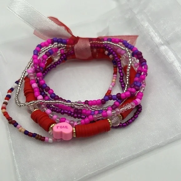 Beaded Heart Bracelet Stack Festive Stackable Jewelry