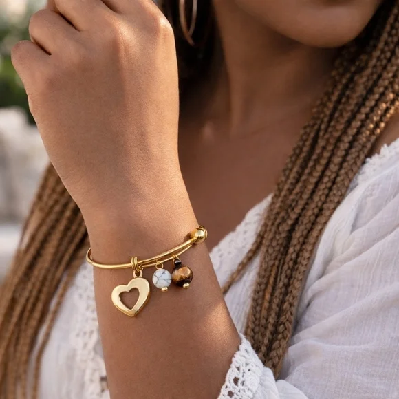 18K Gold Boho Wire Bangle Heart Tiger Eye Magnesite Cottagecore Fairycore Zen