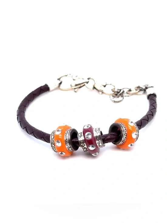 Brighton Orange and‎ Plum Bead Braided Leather Bracelet