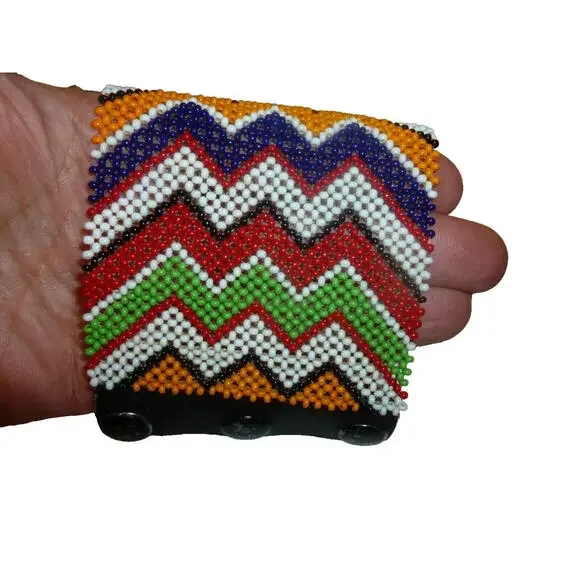 Vintage Hand‎ Woven Wide Seed Bead Bracelet Leather Masai Style