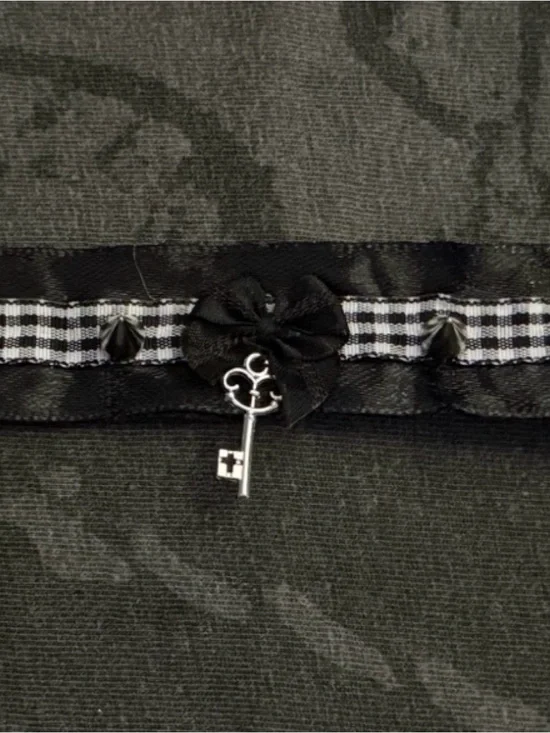 Black Gingham Ribbon Key Charm Trim Bracelet