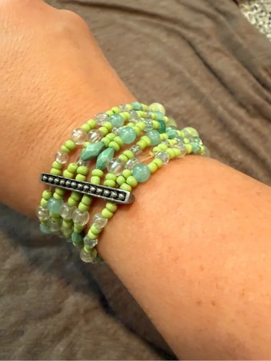 Multi-Strand Green Beaded Bracelet with Silver Accent