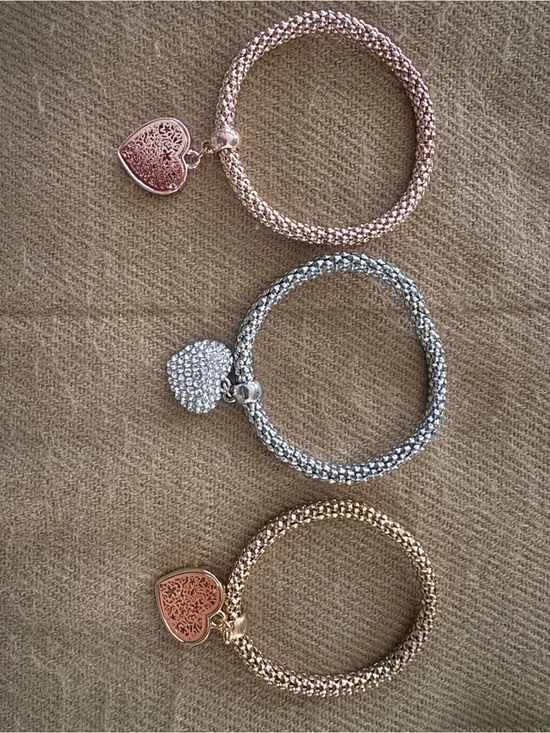 Nine stretch-Tone Heart Charm Bracelet Set - Rose Gold, Silver & Gold