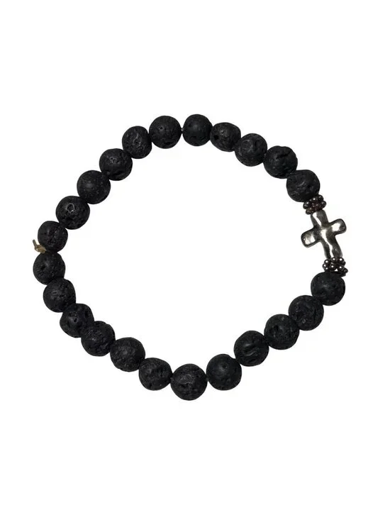 Black Lava Bead Bracelet Stretch Silver Cross Charm Religious Fashion Jewelry