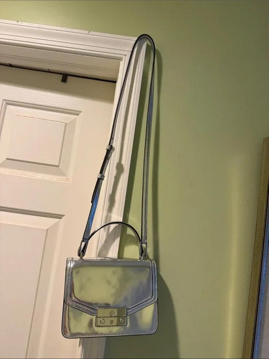 Tory Burch silver flap bag with removable crossbody strap. All leather!