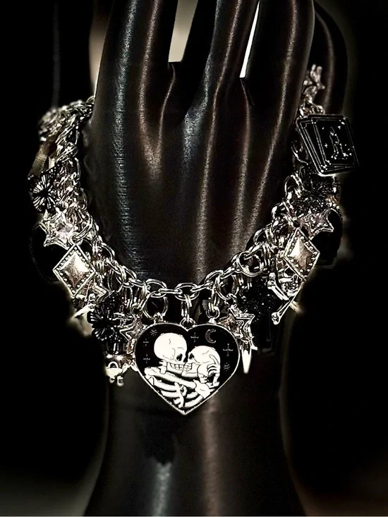 Silver Tone Gothic Charm Bracelet with Heart Skeleton Pendant