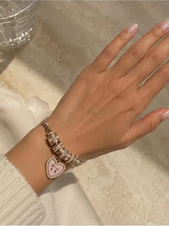 Gold Pink Heart Charm Bracelet - Women's Jewelry