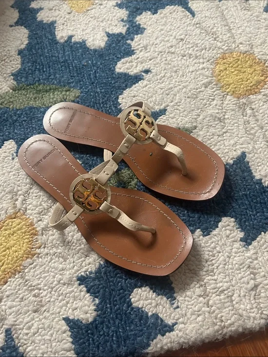 Tory Burch Tan Leather Miller Thong Sandals with Gold Logo