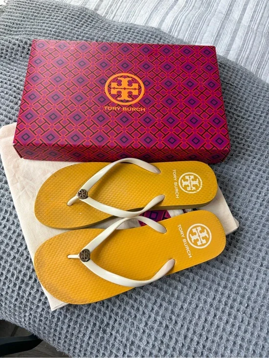 Tory Burch Mustard Yellow Flip Flops with White Straps