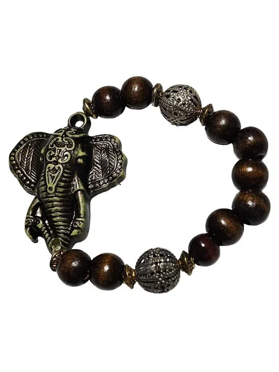 African Inspired Elephant Pendant Bracelet Wooden Metal Beads Statement Jewelry