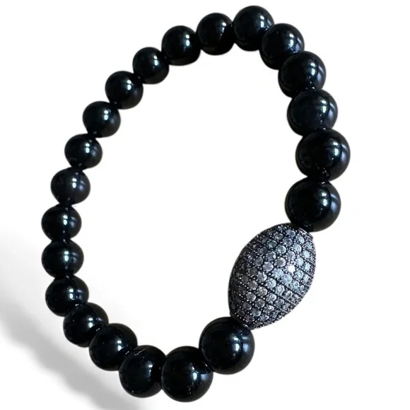 Black Onyx Beaded Bracelet 8mm Pave Crystal Spacer Stretch 6.25”