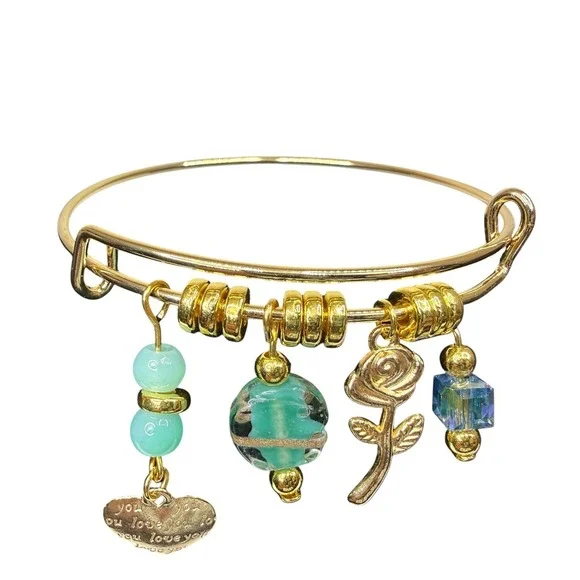 Gold Tone Charm Bangle Bracelet Adjustable Heart Rose Teal Crystal Glass Beads