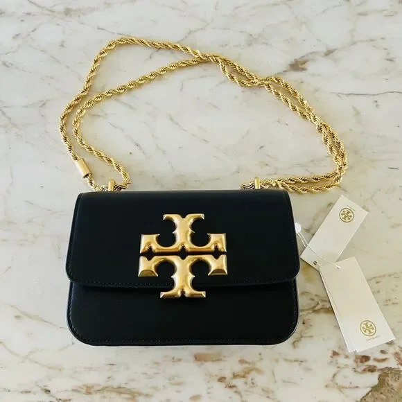 TORY BURCH Eleanor Solid Black Leather Small Convertible Crossbody Shoulder Bag