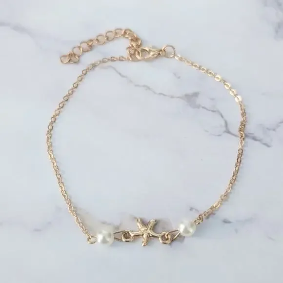 Bracelet / Anklet - Gold Tone & Faux Pearl Seaside Beach Theme