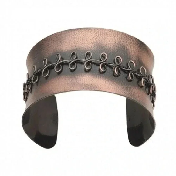 Antiqued Copper Steel Textured Loop & Mesh Wide Cuff Bangle Bracelet Adjustable