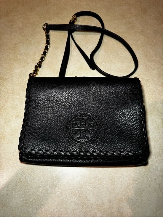 Vtg Tory Burch Marion Black Leather Whipstitch Crossbody Bag Pre-loved