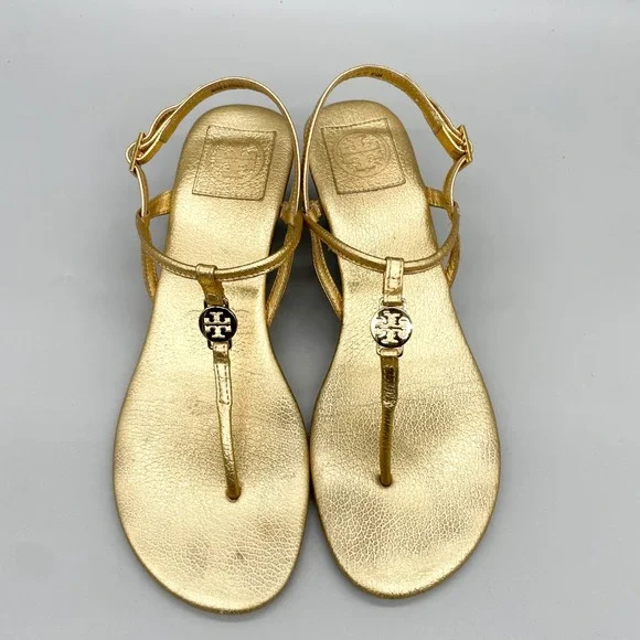 Tory Burch Womens 8.5 M Emmy Sandals Gold Leather Wedge Logo TStrap Slingback