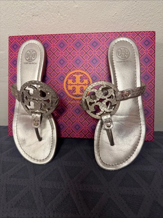 Tory Burch Metallic Silver Logo Miller Thong Sandals