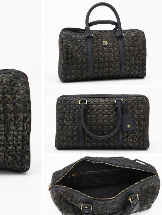 Tory Burch Black Woven Leather Bowling Bag with Gold Logo