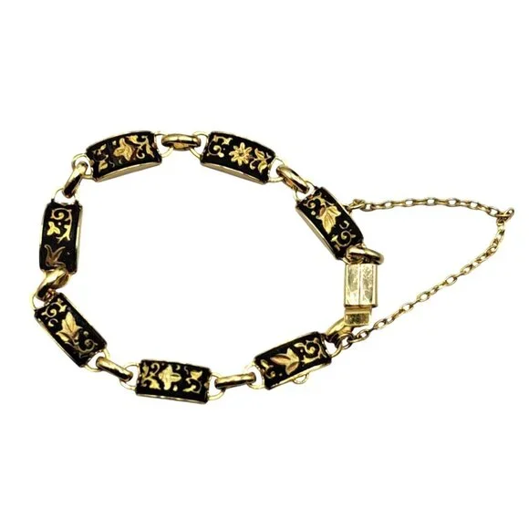 Vintage Damascene Bracelet Panel Links Leaves and Vines Design Safety Chain Cost