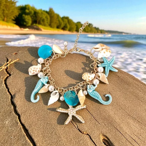 Ocean-Themed Charm Bracelet with Blue‎ and Gold Color Accents