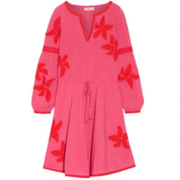 Tory Burch‎ Size 6 NWT Sadie Dress in Fiesta Pink Tie Waist Embroidered Boho New