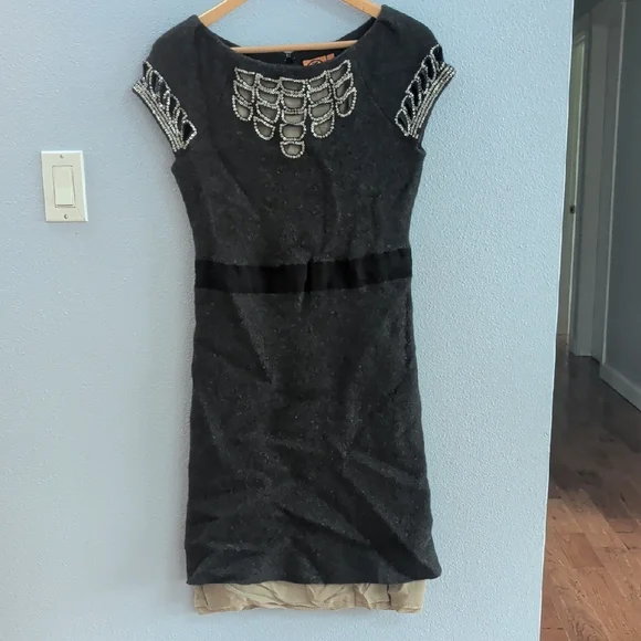 Tory Burch Minnie Embellished Wool Charcoal Beaded Cap-Sleeve Dress