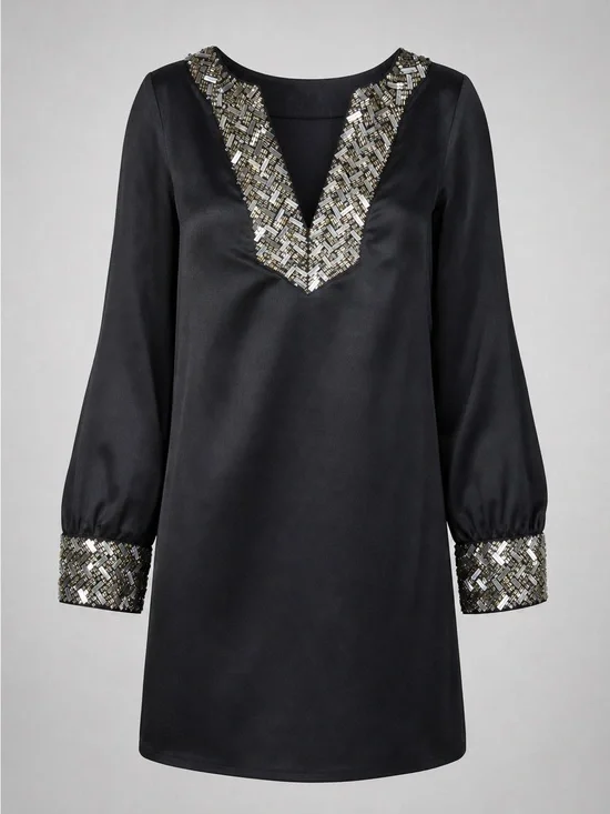 Tory Burch Black Long-Sleeve Beaded V-Neck Shift Dress