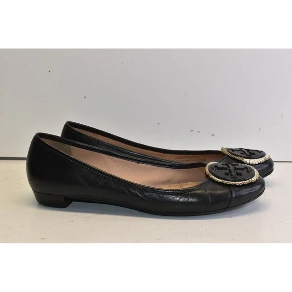 Tory Burch Leather Heeled Ballet Flats Black‎ Womens 8.5M Logo Medallion Vibram