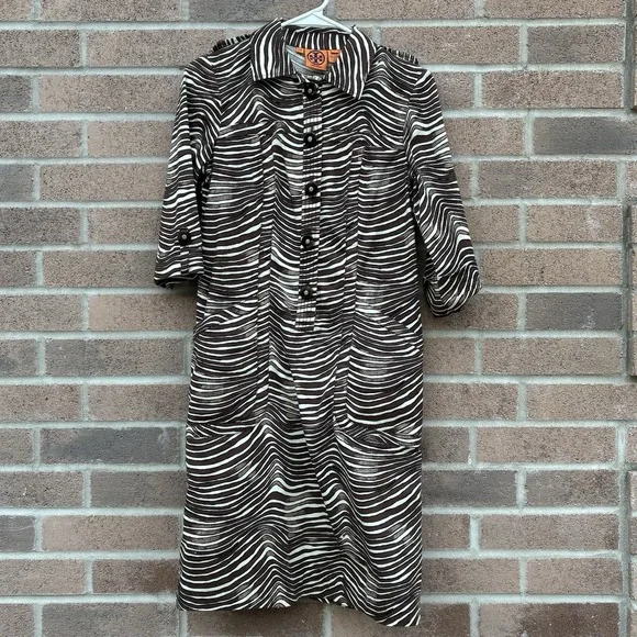 Tory Burch Zebra Print Shirt Dress Womens Size 2‎ Brown White Button Front Mob