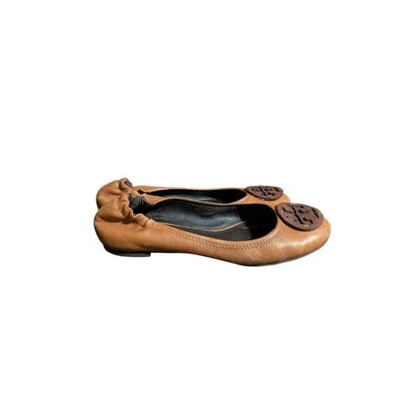 Tory Burch Reva Tumbled‎ Tan Leather Ballet Flats Womens SIZE 6.5