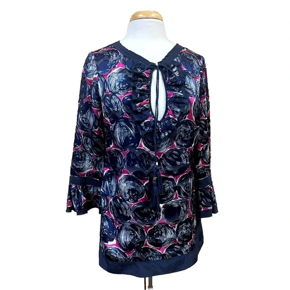 Tory Burch‎ Silk Blend Tunic Top Navy + Orchid Circle Print Keyhole Neck SZ S
