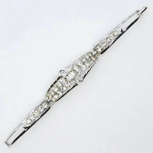 Vintage Coro Silver Toned Sparkling Rhinestones Hinged Bangle Bracelet‎ 1950s