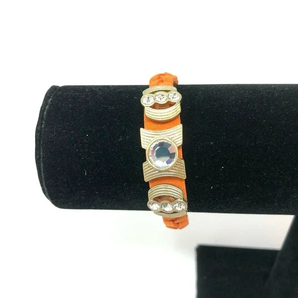 Lia Sophia Bracelet Gold‎ Crystals Orange Leather Braided Band Accomplice 7