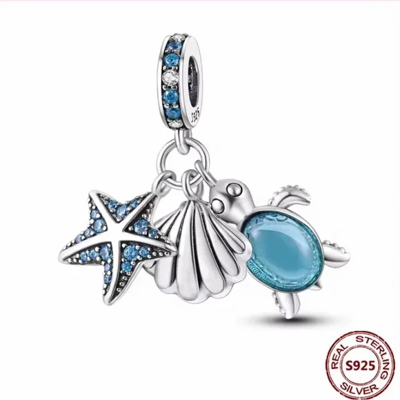 Sterling Silver Blue Sea Life Charm Pendant with Starfish, Shell & Turtle