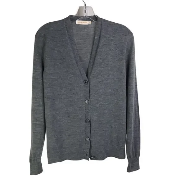 Tory Burch‎ Madison Cardigan Womens Size XS Gray Logo Buttons Classic