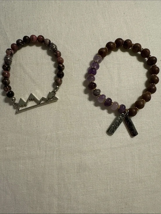 2 Genuine Beaded Mountain & Charm Stretch Bracelets - Pink, Purple, Brown