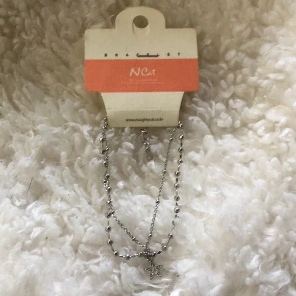Japan Naughty Cat NWT Dainty Double Chain Star Beaded Silver Fashion Bracelet
