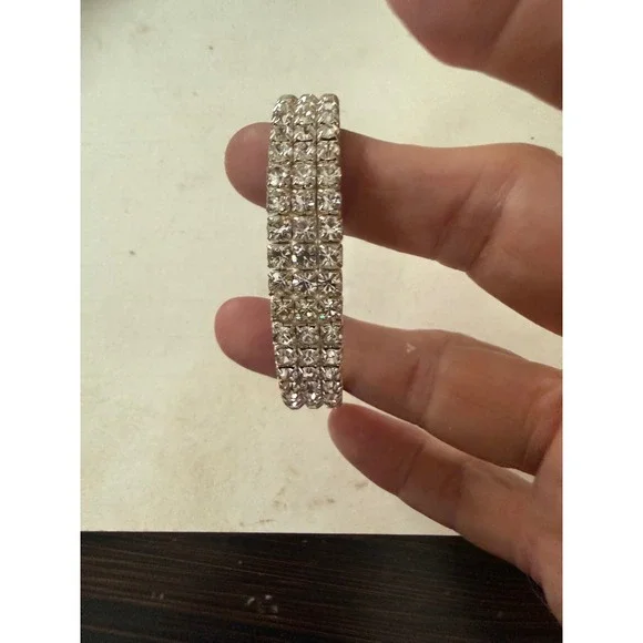 Vintage Silver Tone 3 Row Rhinestone Stretch Tennis Bracelet ClearCrystal Bridal