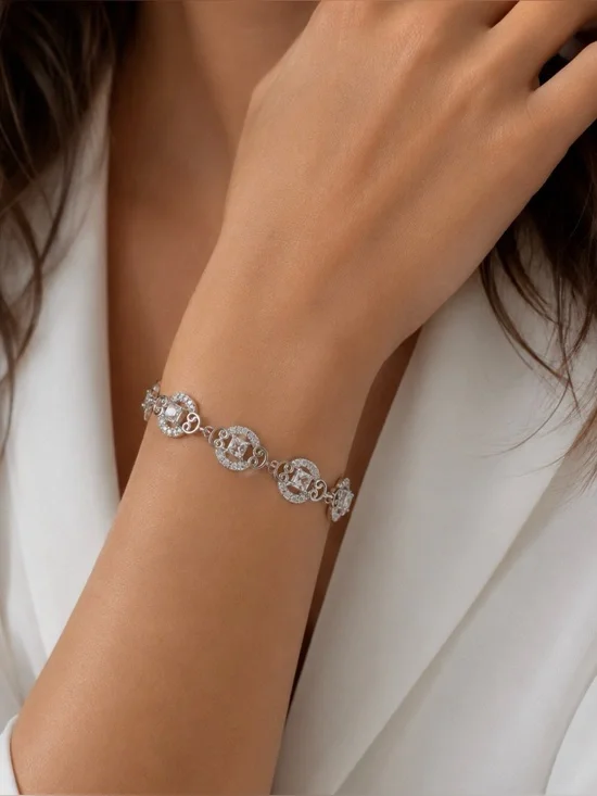 NEW!! 14k White Gold over Brass Crystal Link Bracelet - 7” with one extender