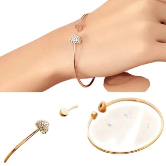 Women’s Rhinestone Love Heart Bangle Cuff Bracelet For Women - Open‎ End