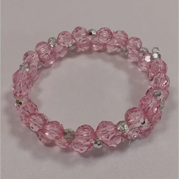 💍Pink and half silver beaded memory wire bracelet, will fit any wrist