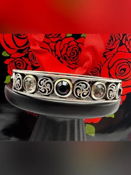 Brighton Ornate Bangle Bracelet with Black and Smoky Grey Crystal Accents