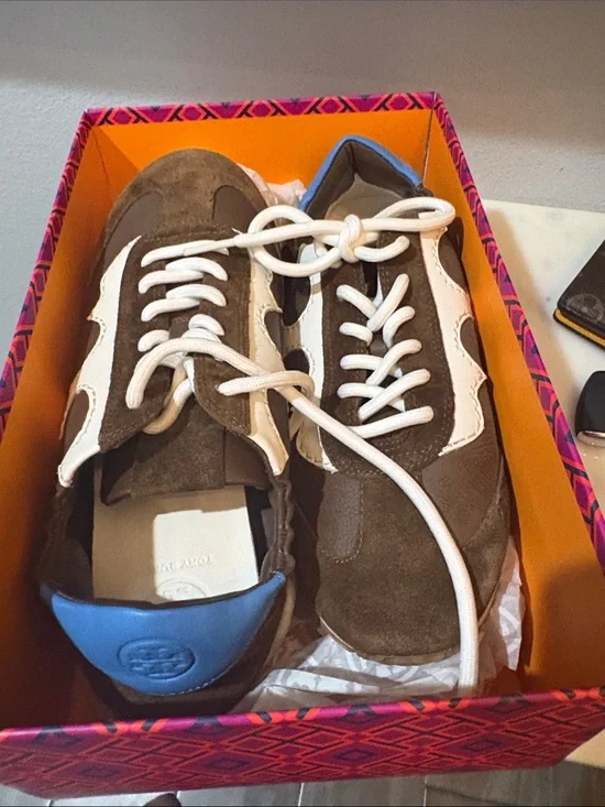 Tory Burch women’s  Brown Suede Sneakers with White Trim and Blue