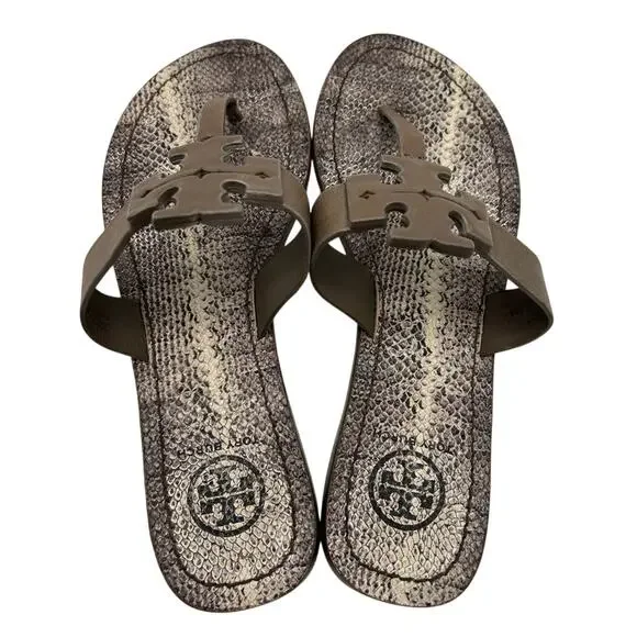 Tory Burch Miller Embossed Leather Snake Print Thong Sandal Logo Size 6 Designer