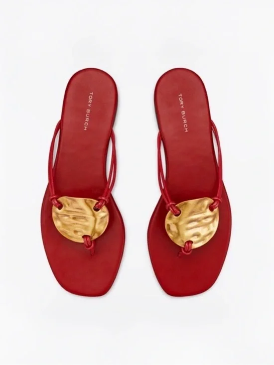 Tory Burch Patos Leather Flat Sandal Red Gold Medallion Sz 9.5 MSRP $238 NEW