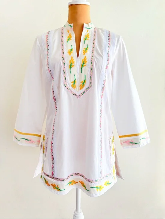 TORY BURCH WHITE COTTON FLORAL RIBBON EMBELLISHED EMBROIDERED TUNIC TOP